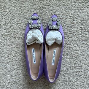 Manolo Blahnik Satin Jewel Buckle Flat Pumps